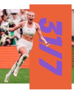 Graphic showing the 31/7 logotype with Chloe Kelly running around madly celebrating her Euros winner on 31/7/22