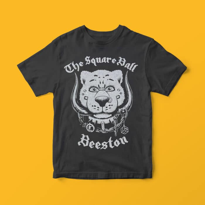 A black t-shirt featuring our Beast of Beeston artwork, a little bit Motörhead, a little bit big snow leopard
