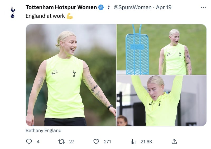 A tweet showing £250,000 of Beth England at work in training for Spurs, a wise investment in anybody's money