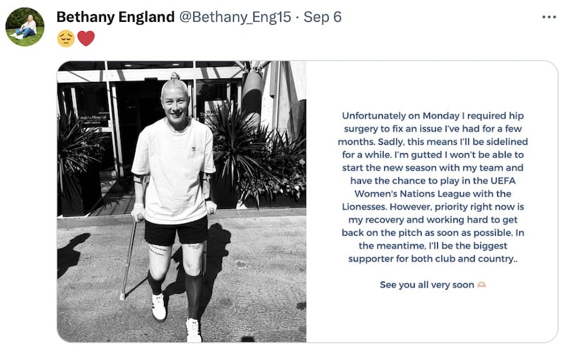 Beth England does a social media post about not playing football