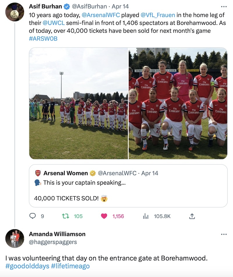 A tweet referencing Arsenal Women's UWCL semi-final ten years ago, with a reply from Leah Williamson's mum saying she was 'volunteering on the entrance gate'