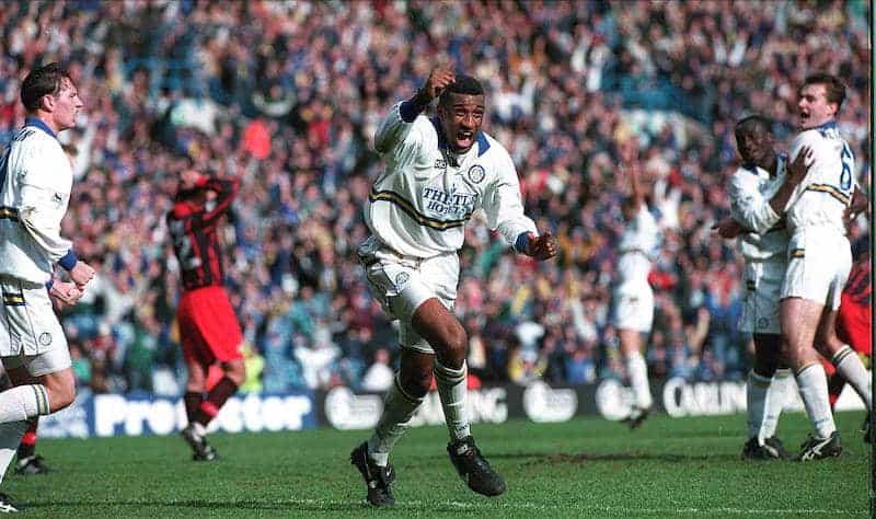 Brian Deane celebrates scoring for Leeds United in 1995