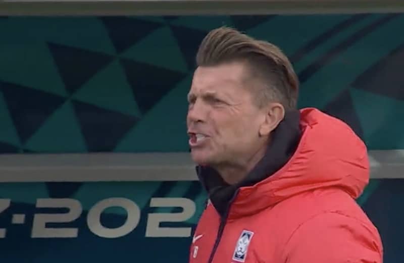 Korea Republic manager Colin Bell lambasting his players from the sidelines