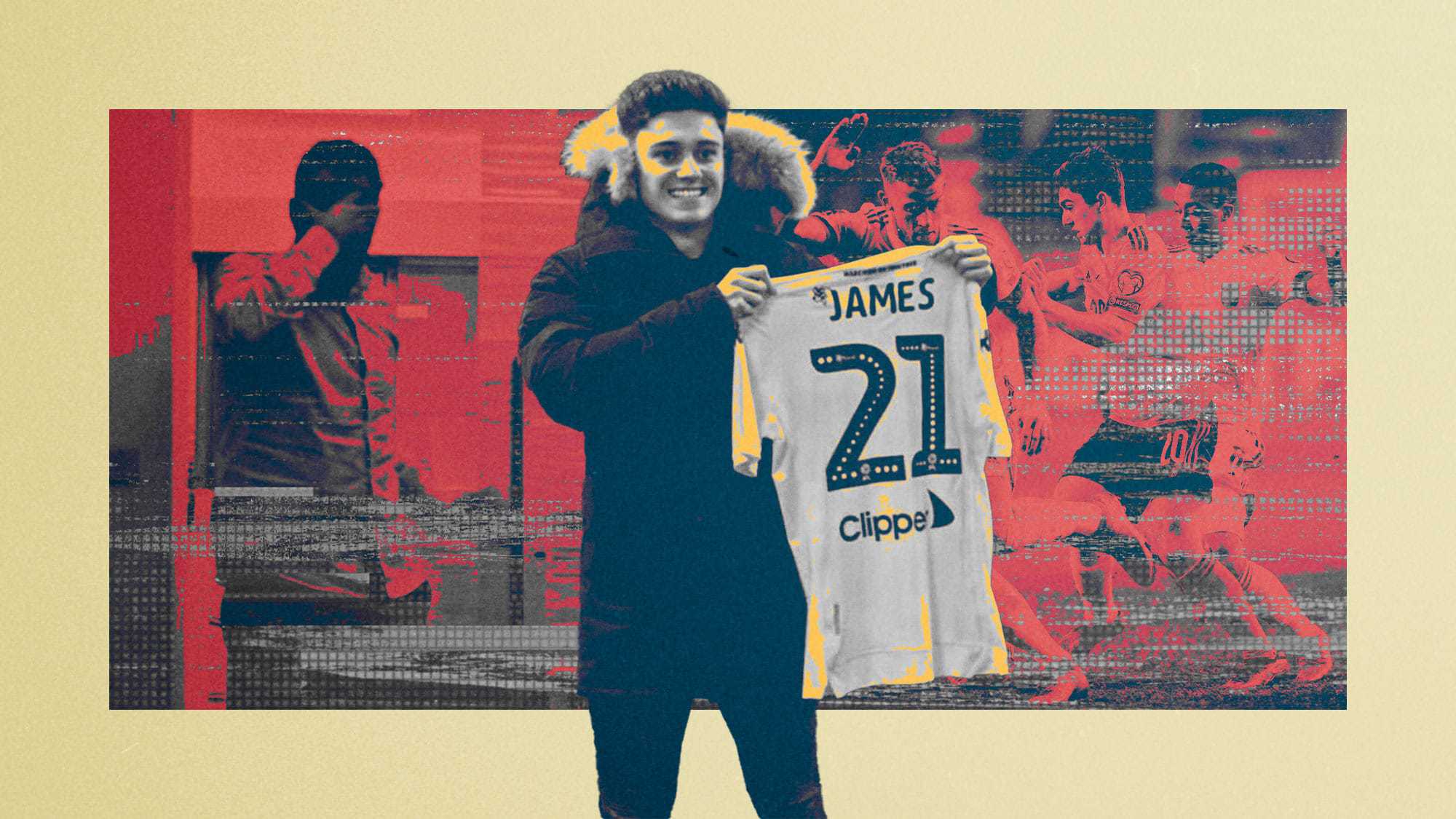 Dan James holding a Leeds shirt up in one of the photos from his failed move