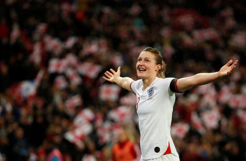 Leeds legend Ellen White celebrates scoring for England against Germany in 2019, looking only slightly let down that Flora missed the goal