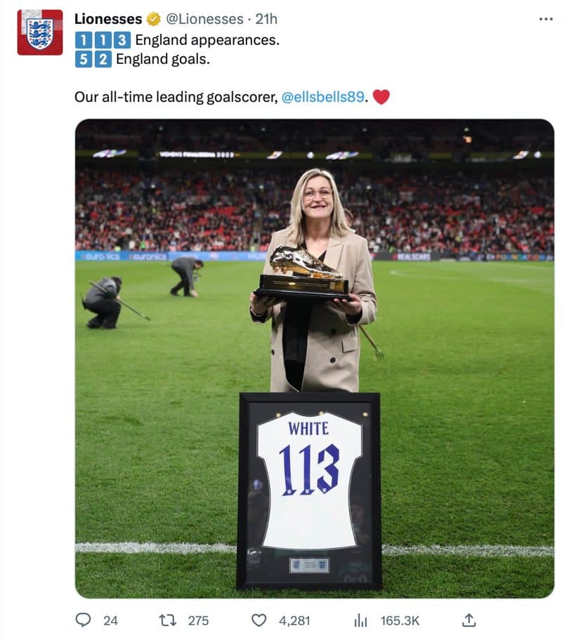 A tweet from Lionesses showing Ellen White receiving her golden boot, pointing out that in 113 appearances she scored 52 goals