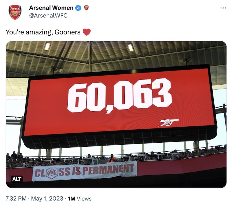 A tweet from Arsenal Women showing the scoreboard at the Emirates displaying the attendance for Arsenal vs Wolfsburg: 60,063