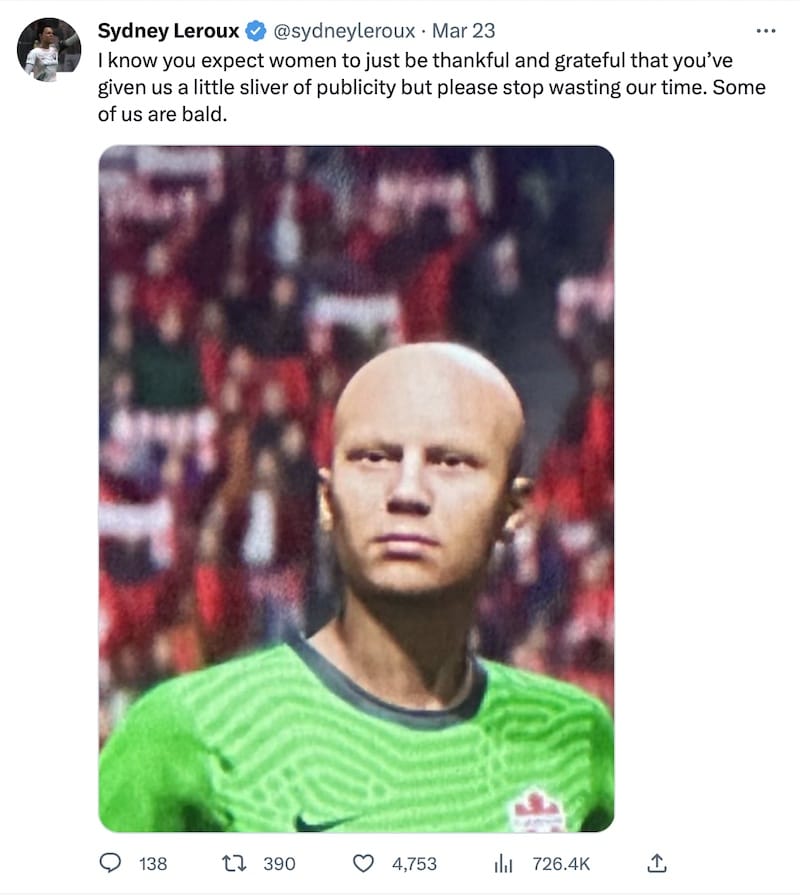 Sydney Leroux's tweet about her appearance in FIFA — bald, which she is not