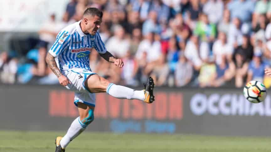 One-time Leeds target Federico Viviani playing for SPAL and giving the ball a right toe punt