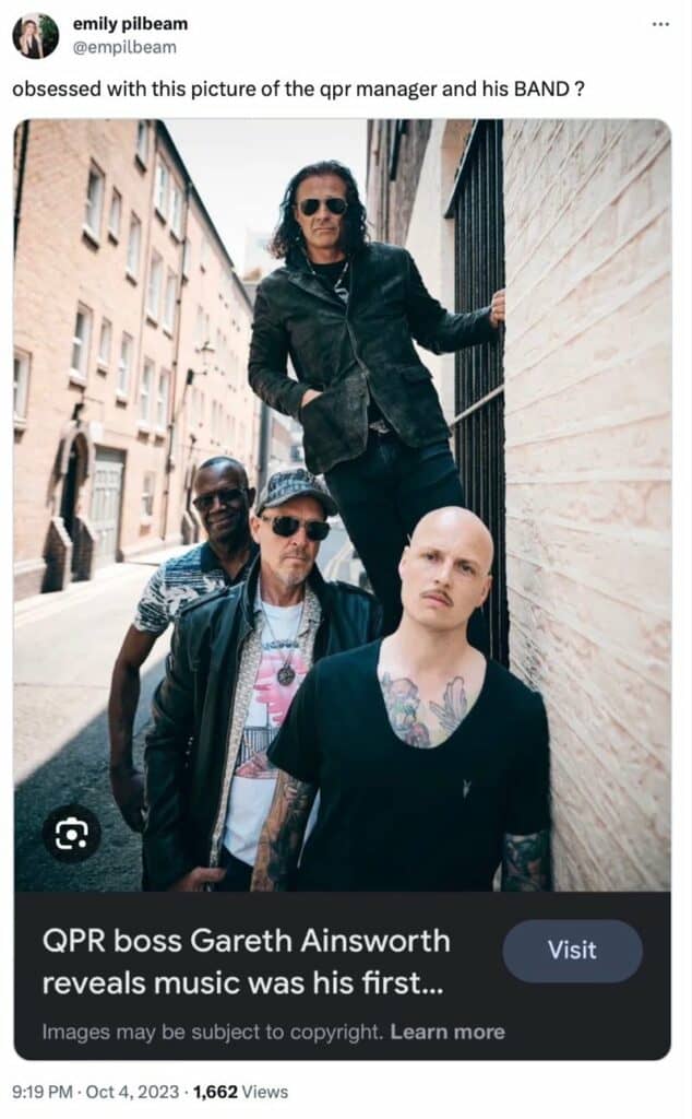 A tweet showing a photo of Gareth Ainsworth's band, which is how a band would look if you looked up 'band' in a dictionary