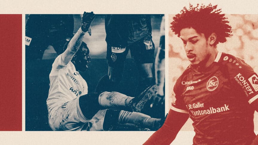 An image of Isaac Schmidt playing for St Gallen, next to an image of Wilf Gnonto on the floor calling for a free-kick for FC Zurich