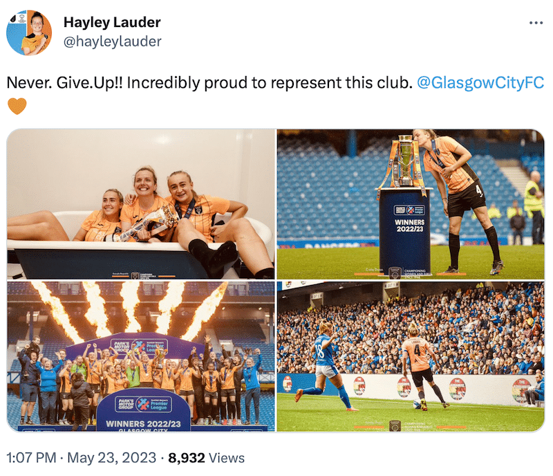 A tweet by Hayley Lauder celebrating Glasgow City's SWPL win