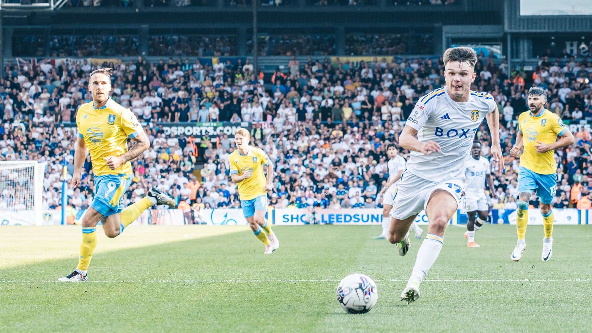 Jamie Shackleton chasing the ball, with his tongue out, like a little puppy