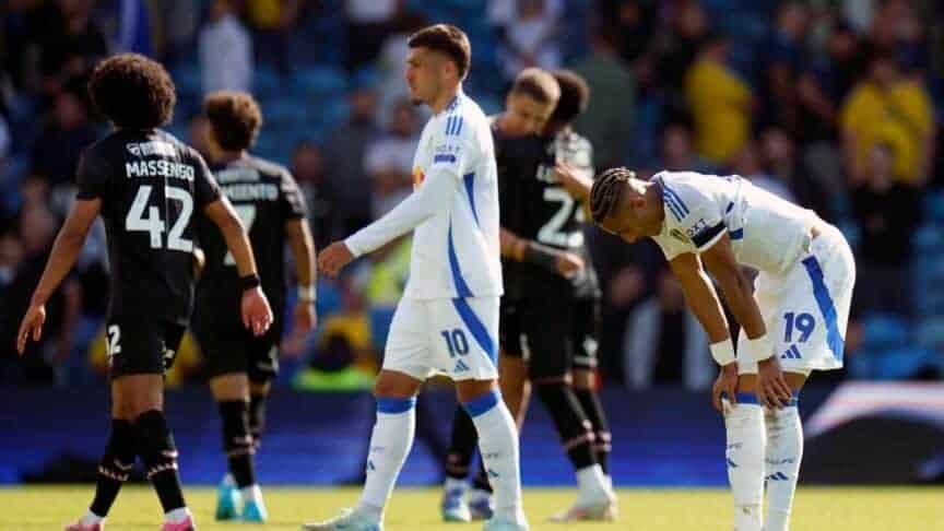 Joel Piroe and Mateo Joseph look sad after Leeds' defeat to Burnley. Same, lads