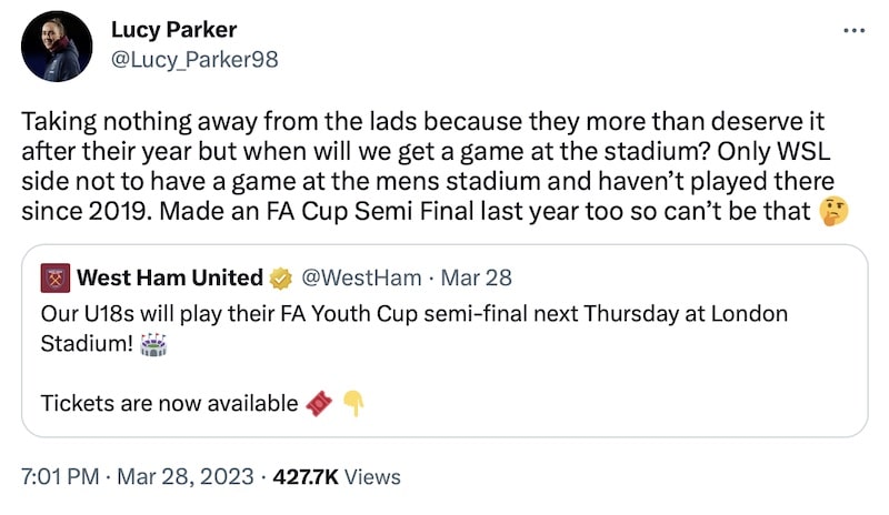 Lucy Parker's tweet asking West Ham when her team will get to play at the London Stadium