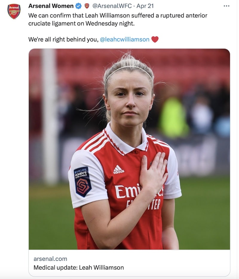 A tweet from Arsenal confirming the worst about Leah Williamson's knee