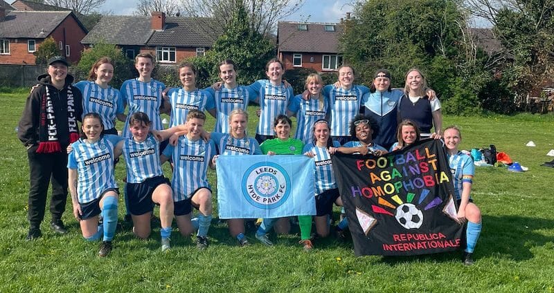 A squad photo of triumphant Leeds Hyde Park Women+ FC