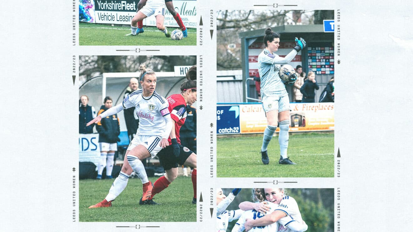 A graphic featuring photos of Leeds United Women players, including Olivia Smart and Carrie Simpson