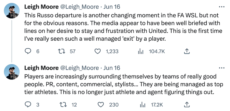 Leigh Moore tweets about the way the WSL has changed regarding player PR