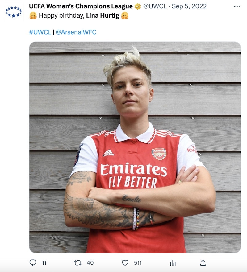 Tweet by UEFA Champions League depicting a defiant looking Lina Hurting around the time she signed for Arsenal