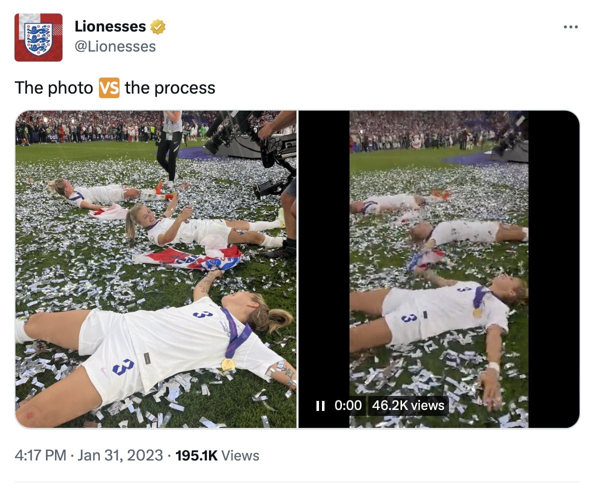 A tweet from the Lionesses showing the players doing confetti angels after winning the Euros on 31/7