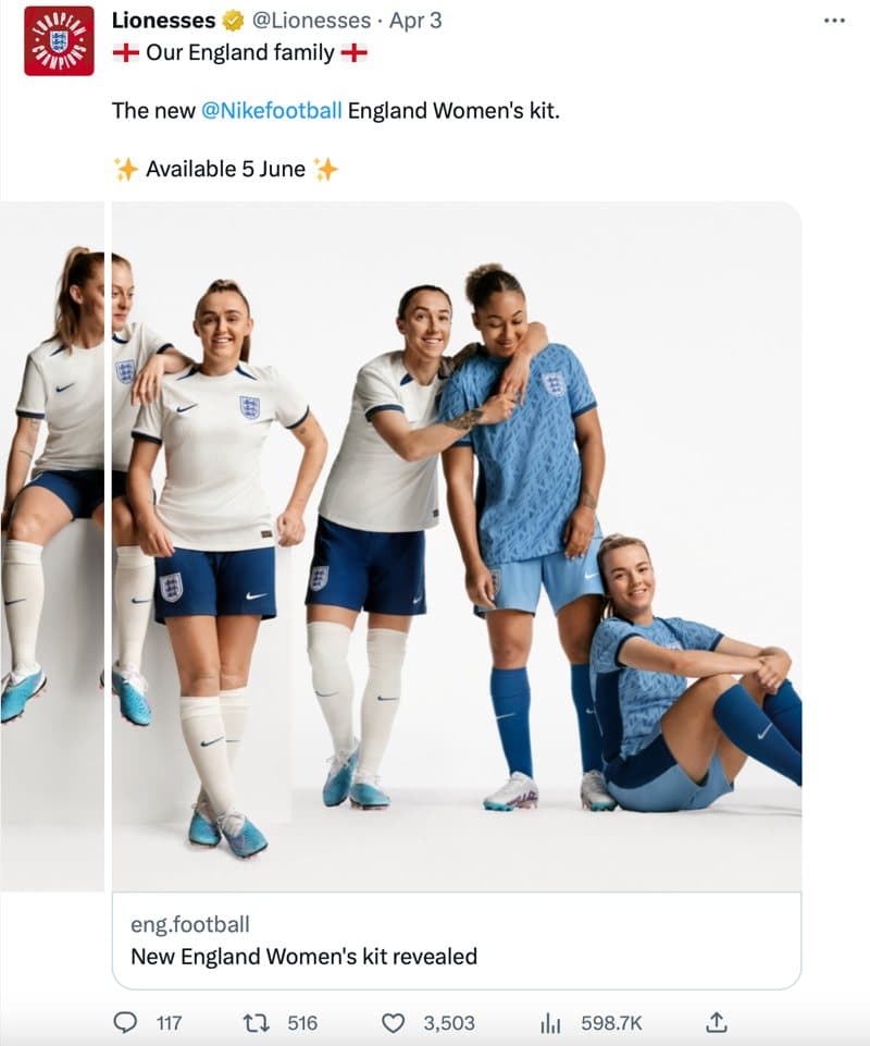The new Lionesses home and away kits, white shirts at home, sky blue away, dark shorts everywhere
