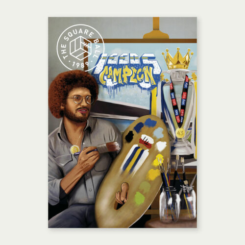Cover art for The Square Ball by Matt Clark, a drawing of Mateusz Klich only he's soothing TV painter Bob Ross
