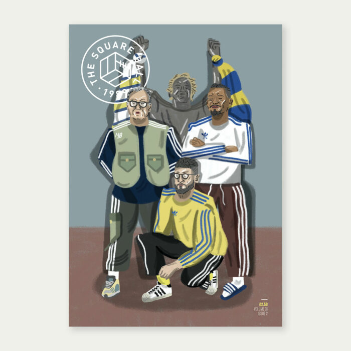 Cover art for The Square Ball by Arley Byrne, a cartoon drawing of Marcelo Bielsa, Kalvin Phillips and Mateusz wearing adidas gear and standing in front of Billy Bremner's statue