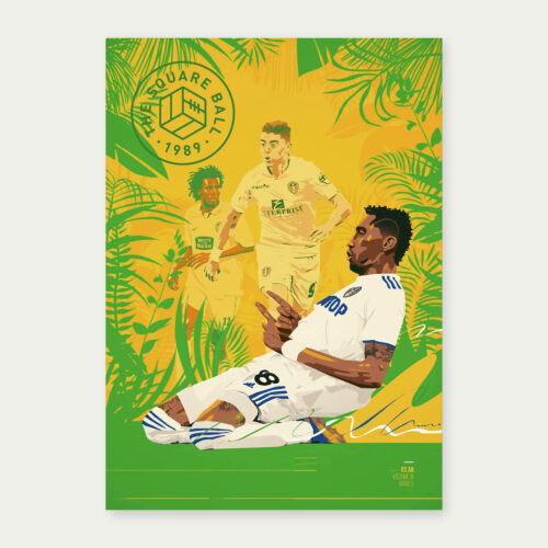 Cover art for The Square Ball by Chris Moran showing Leeds United's Raphinha sliding on his knees across a yellow and green background representing Brazil, where his predecessors Adrian and Roque Junior can be seen