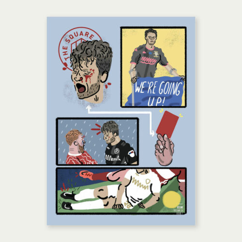Cover art for The Square Ball by Arley Byrne, showing cartoon drawings of Leeds United's Gaetano Berardi bleeding, getting sent off, headbutting Matt Taylor, celebrating promotion, all the good stuff