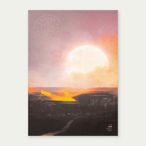 Cover art for The Square Ball by John Tregoning, showing a large hazy sun above a floodlit Elland Road