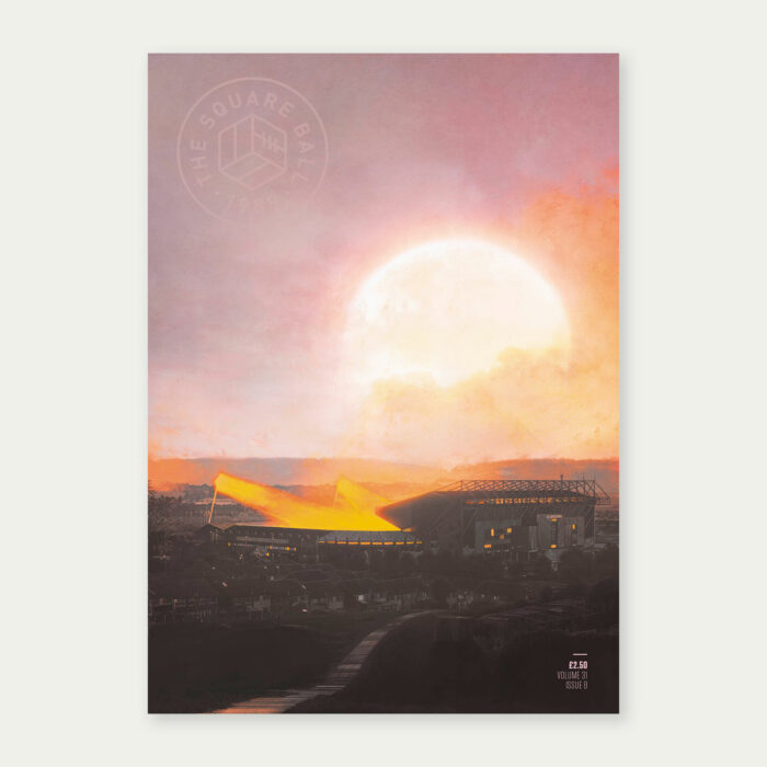 Cover art for The Square Ball by John Tregoning, showing a large hazy sun above a floodlit Elland Road