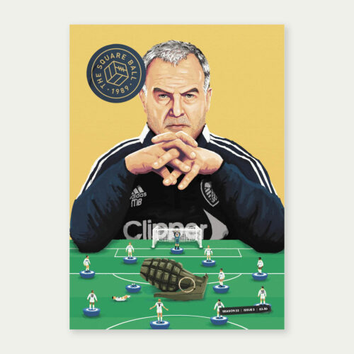 Cover artwork for The Square Ball by Lee Shackleton showing Leeds United coach Marcelo Bielsa sitting, as if playing chess, at a Subbuteo table with a hand grenade on it