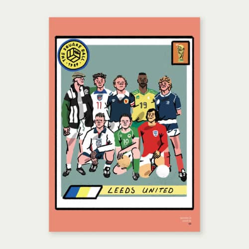 The cover of TSB 22-23 issue 04, featuring a squad of Leeds players at the World Cup drawn by Arley Byrne