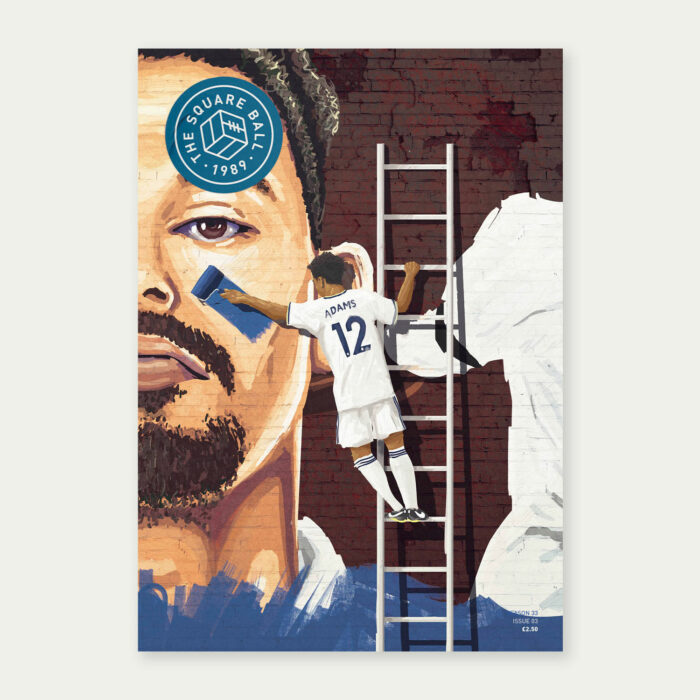 The cover of TSB magazine 22/23 issue 03, a drawing by Lee Shackleton of Tyler Adams up a ladder painting over the mural of his predecessor in midfield, Kalvin Phillips