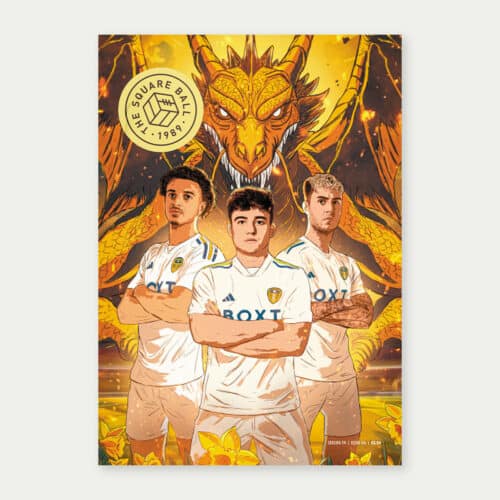 The cover of TSB magazine 23-24 issue 6, featuring Ethan Ampadu, Dan James and Joe Rodon in front of a frankly terrifying looking dragon with massive teeth, and behind some daffodils. The art is by Rhys Lowry