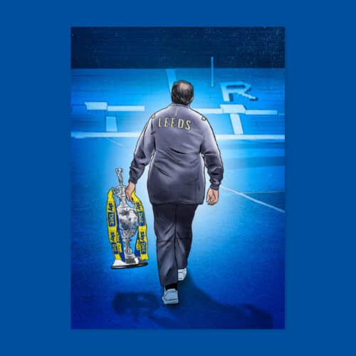 Rhys Lowry's artwork of Marcelo Bielsa with the Championship trophy, as a print