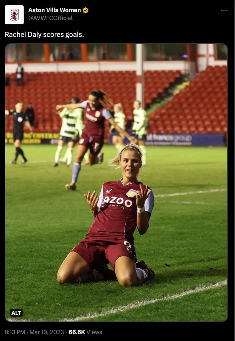 Screenshot of an Aston Villa Women tweet showing Rachel Daly mid kneeslide. Damn it she's ace