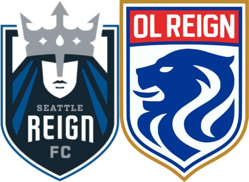 The incredibly cool Seattle Reign angry queen logo, next to the lame Lyon lion thing