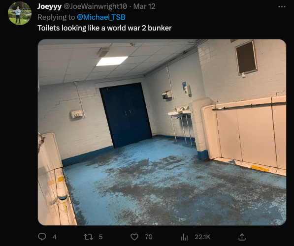 A tweet of the toilets inside Elland Road and the (fair) description:'Toilets looking like a world war 2 bunker'