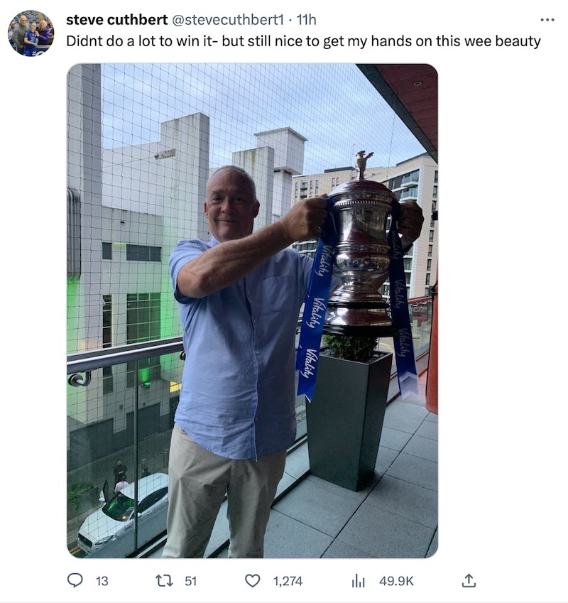 Tweet by Erin Cuthbert's Dad who seems like a bit of a legend, he's holding the FA Cup his daughter won.