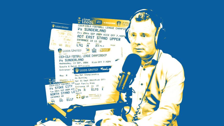 Angus Kinnear appearing on The Square Ball podcast alongside a collage of (very expensive) Leeds United tickets