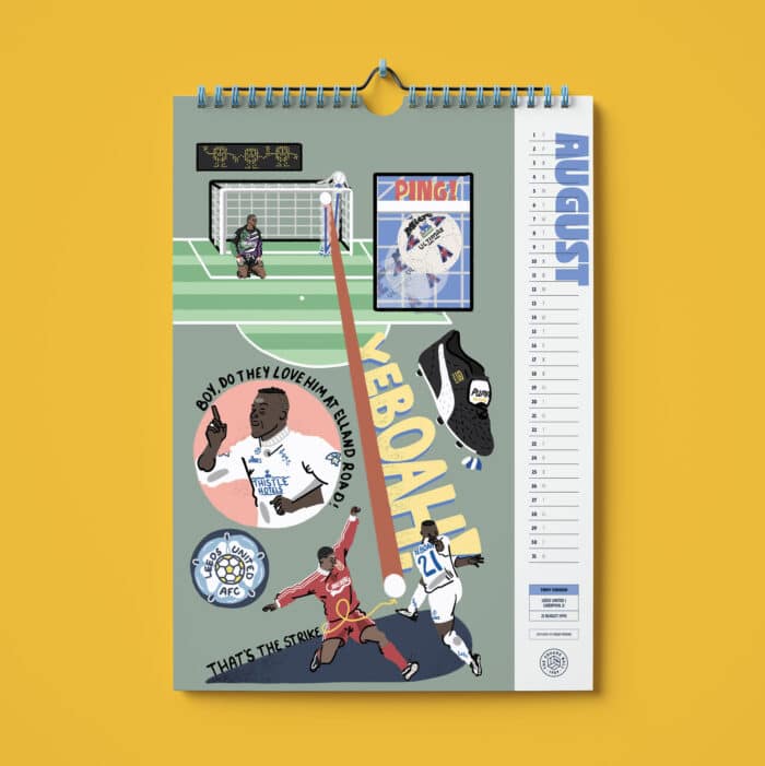 Art from inside the 2024 TSB charity calendar, showing Yeboah's goal against Liverpool