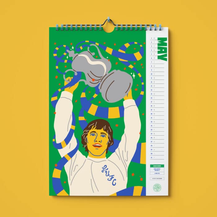 Art from inside the 2024 TSB charity calendar, showing Allan Clarke with the FA Cup
