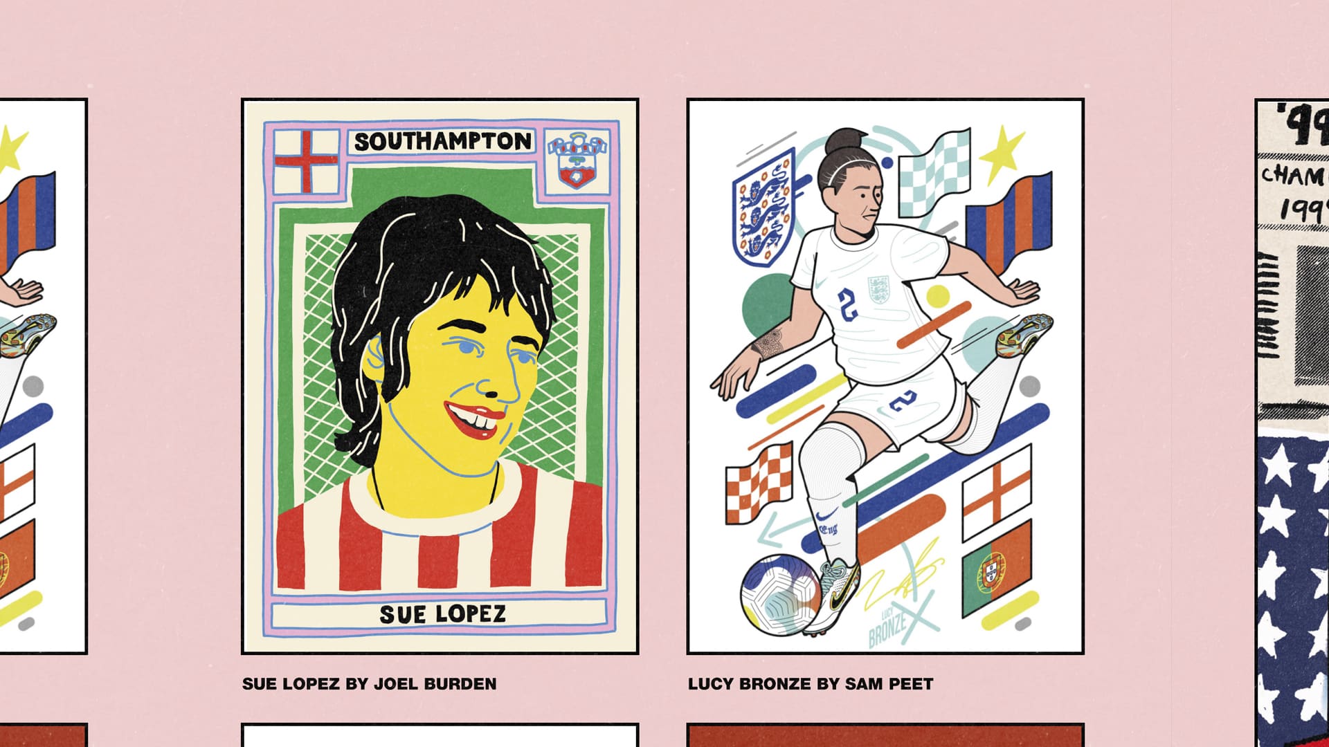 Illustrations from the Forward Play exhibition featuring Sue Lopez by Joel Burden and Lucy Bronze by Sam Peet