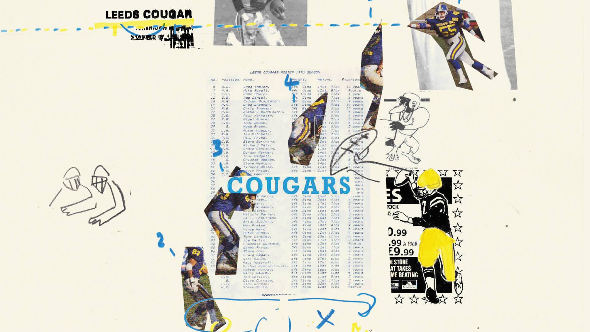 A scrapbook style collage of American football doodles, photos of Leeds Cougars players, and their original roster list