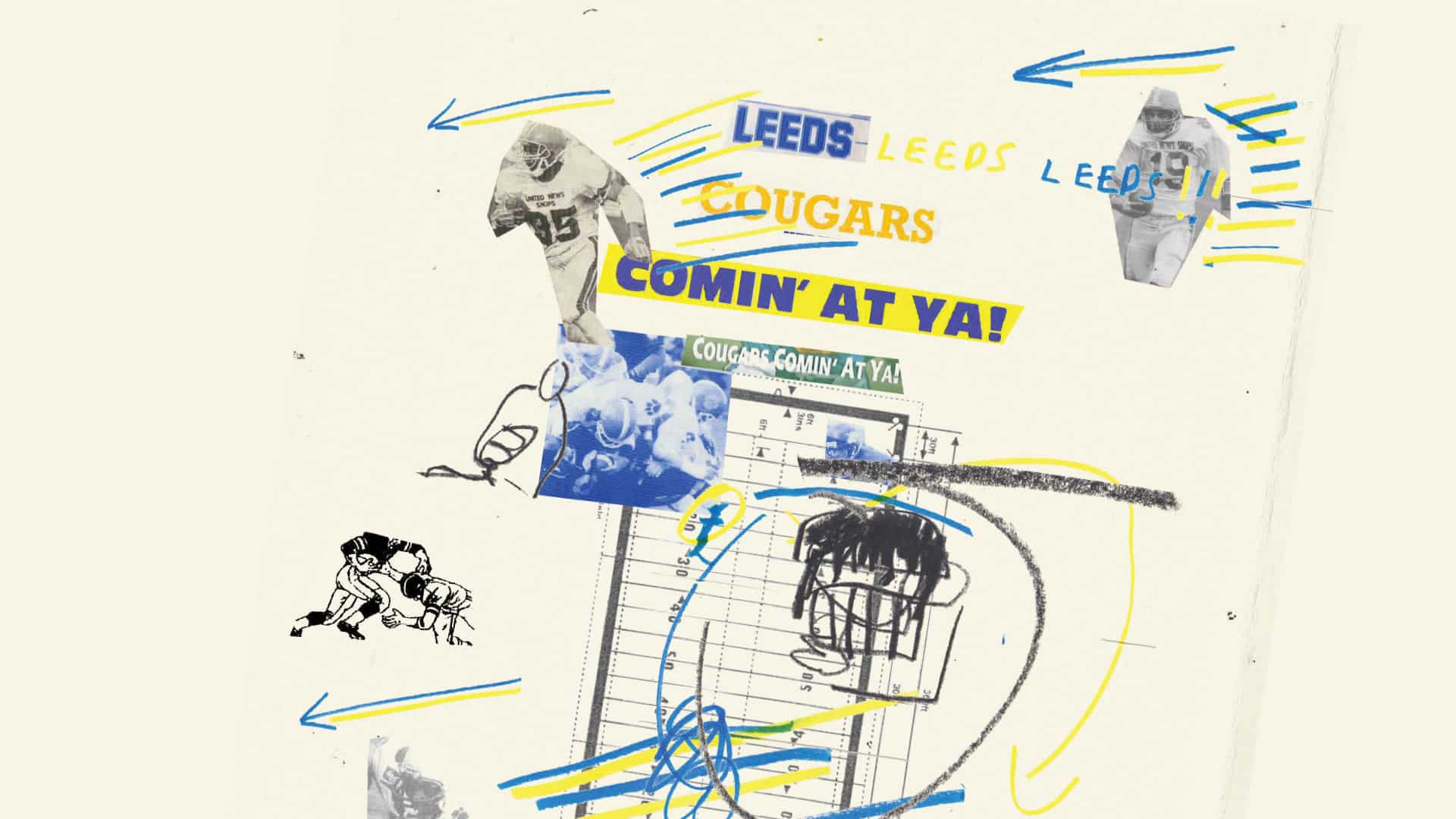A scrapbook style collage of American football doodles, photos of Leeds Cougars players, a diagram of an American football pitch, and the slogan 'Leeds Cougars Comin' At Ya!'