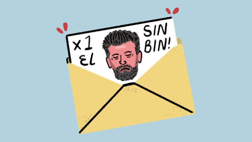 A drawing of a Kings League wildcard being pulled from an envelope, with a picture of a grump footballer on it and text saying 'x1 El Sin Bin!'