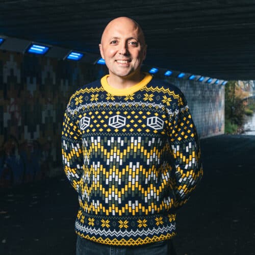 Phil Hay in the Lowfields tunnel, modelling our Lowfields tile themed xmas jumper