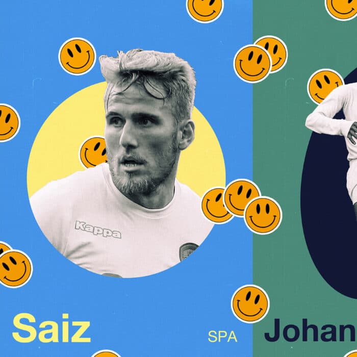 Images of Samu Saiz and Albert Johanneson surrounded by smiley faces, from the feature on flair players in the TSB Summer Special 2023